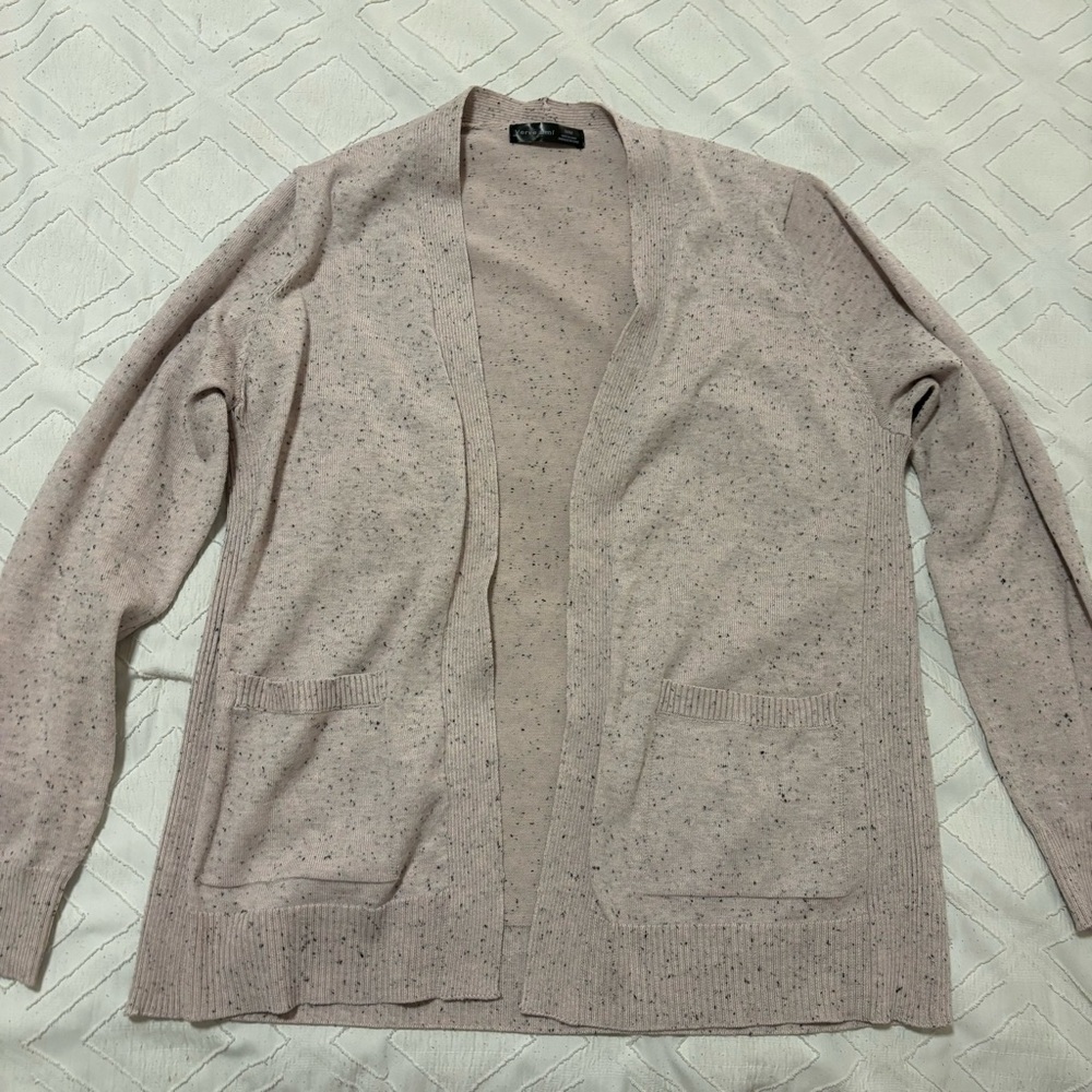 Pink Cardigan Sweater Marled with Black Speckled Ribbed Size Medium
